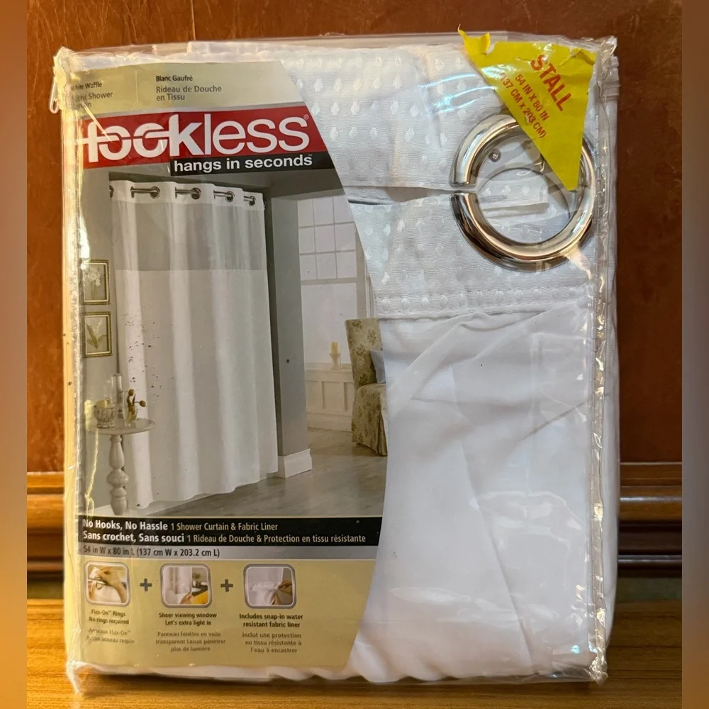 54x80” White Fabric Shower Curtain Set Waffle Weave with Snap Liner-NEW!